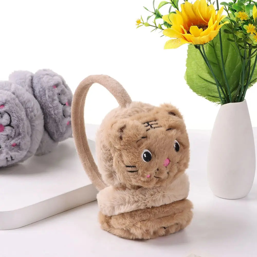 Cozy elegance tiger-themed plush ear warmer earmuffs for women and girls - cartoon cute, soft, and fluffy winter accessories