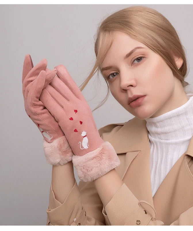 Elegant cat winter women's suede touch screen gloves with cozy soft velvet inside thicken female cats embroidery gloves