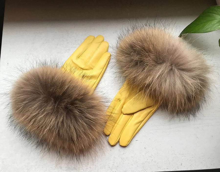 Luxurious genuine leather real raccoon fur women's gloves, big raccoon fur, and sheepskin, ensuring velvet warmth and touch for the winter season for snow cold weather .