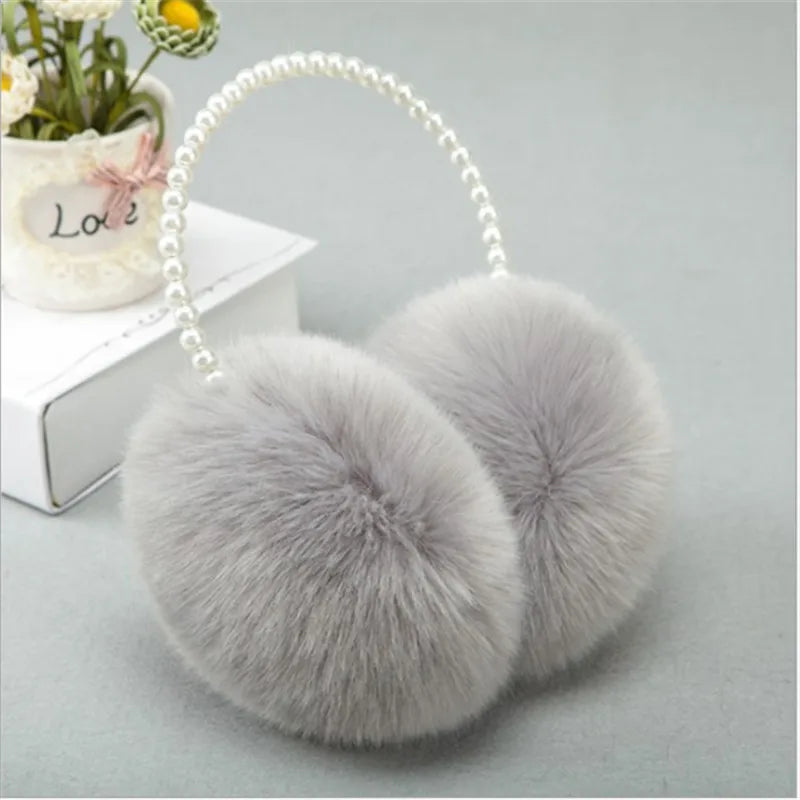 Cute cozy warm Pearl Earmuffs , Comfortable Winter Warmers in Imitation Rabbit Plush for Keeping Warm women and girls