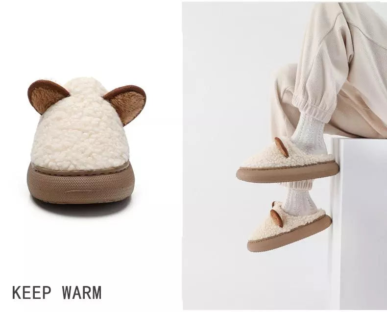 Cozy bliss for winter with our warm fluffy slippers with thick sole - cute cartoon animal sheep for easter ear design for ultimate home comfort kids women