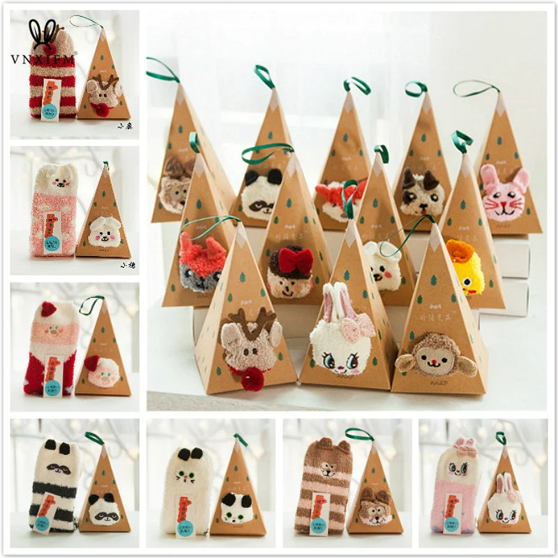Cute animal Christmas socks with 3d fluffy coral velvet, thick and warm winter gift for women
