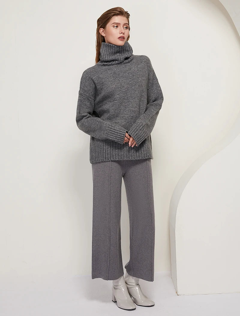 Sophisticated solid knitted two-piece set with turtleneck batwing sweater and casual wide leg pants loungewear set