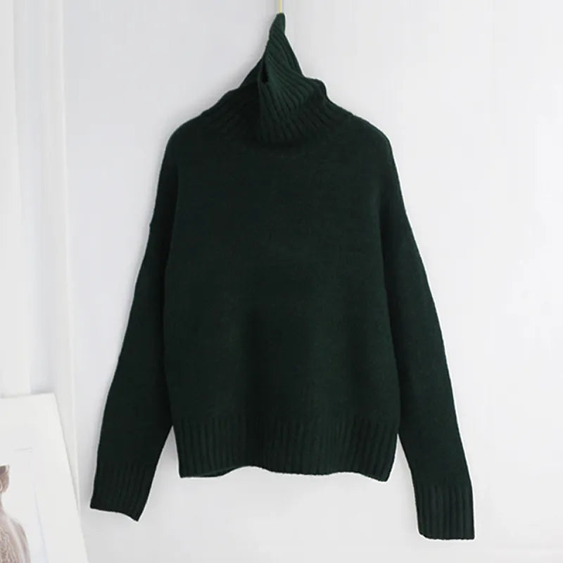 Sophisticated solid knitted two-piece set with turtleneck batwing sweater and casual wide leg pants loungewear set