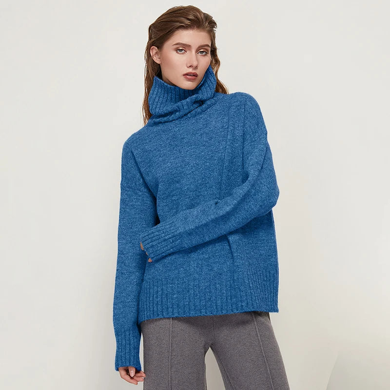 Sophisticated solid knitted two-piece set with turtleneck batwing sweater and casual wide leg pants loungewear set