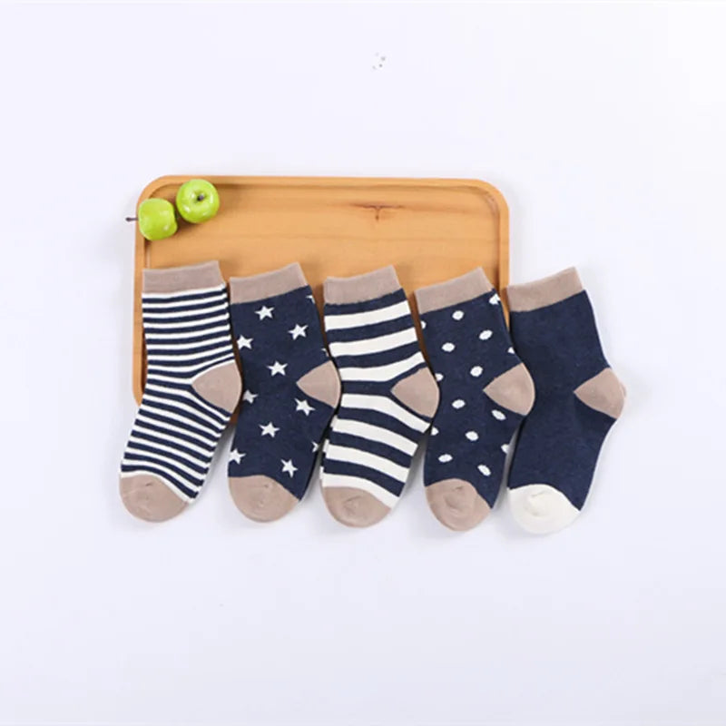 5 pairs girls baby soft cotton socks - warm striped cartoon socks for 0-8 years