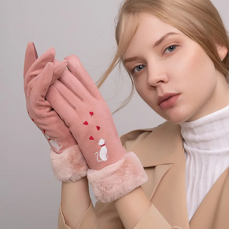 Elegant cat winter women's suede touch screen gloves with cozy soft velvet inside thicken female cats embroidery gloves