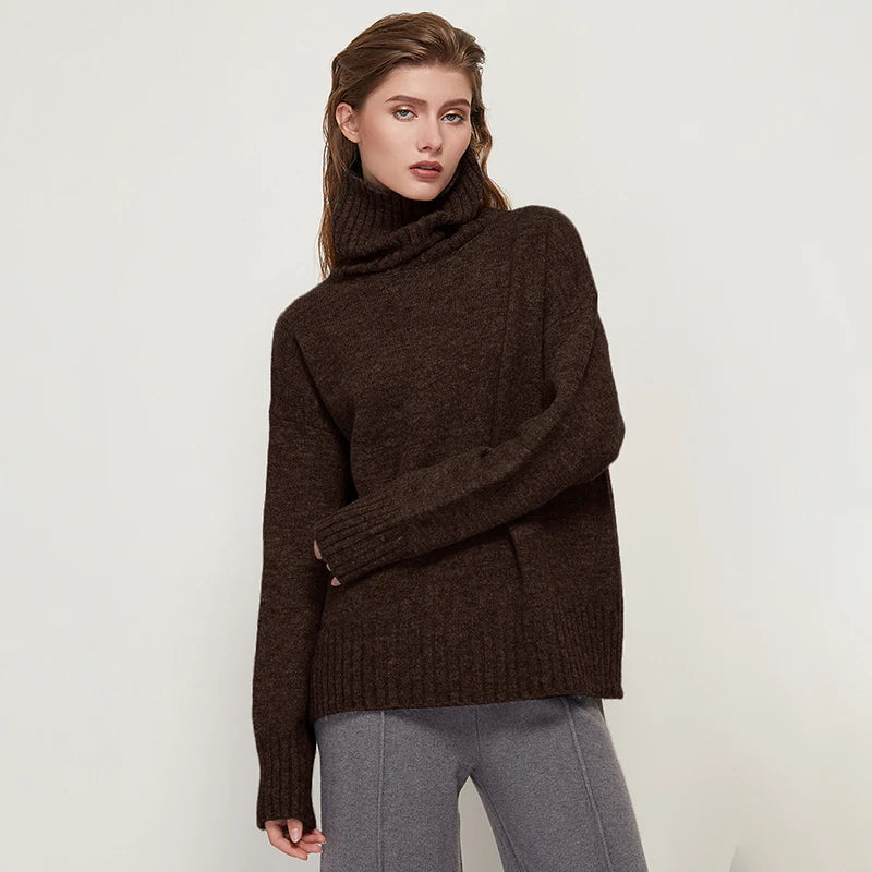 Sophisticated solid knitted two-piece set with turtleneck batwing sweater and casual wide leg pants loungewear set