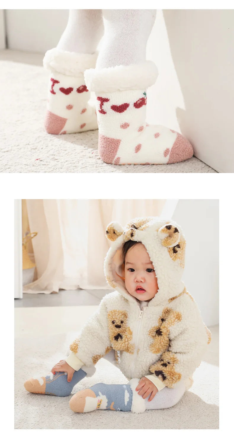 Baby winter cartoon Christmas socks thick cotton, warm and non-slip thermal socks for kids aged 0-4 years old