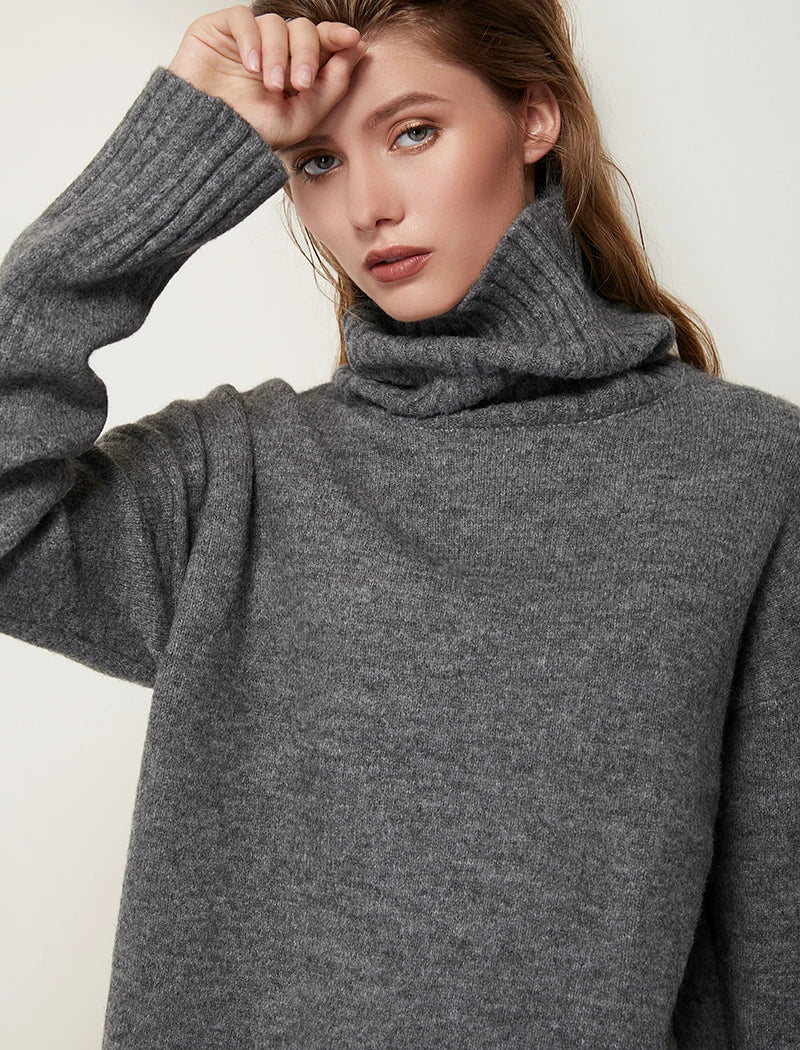 Sophisticated solid knitted two-piece set with turtleneck batwing sweater and casual wide leg pants loungewear set