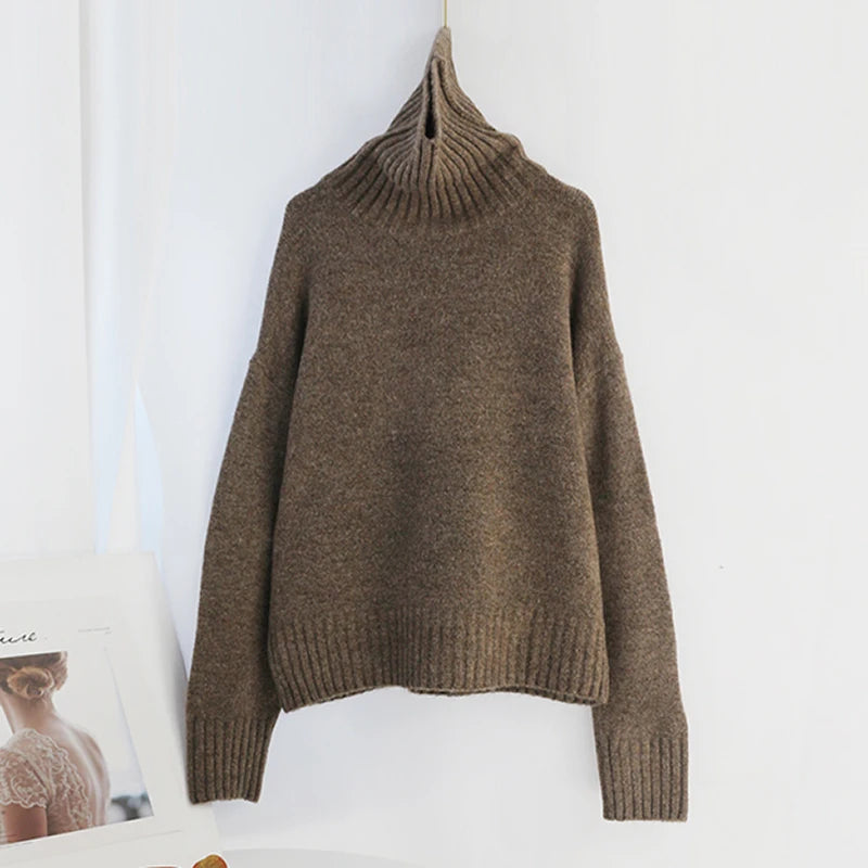 Sophisticated solid knitted two-piece set with turtleneck batwing sweater and casual wide leg pants loungewear set