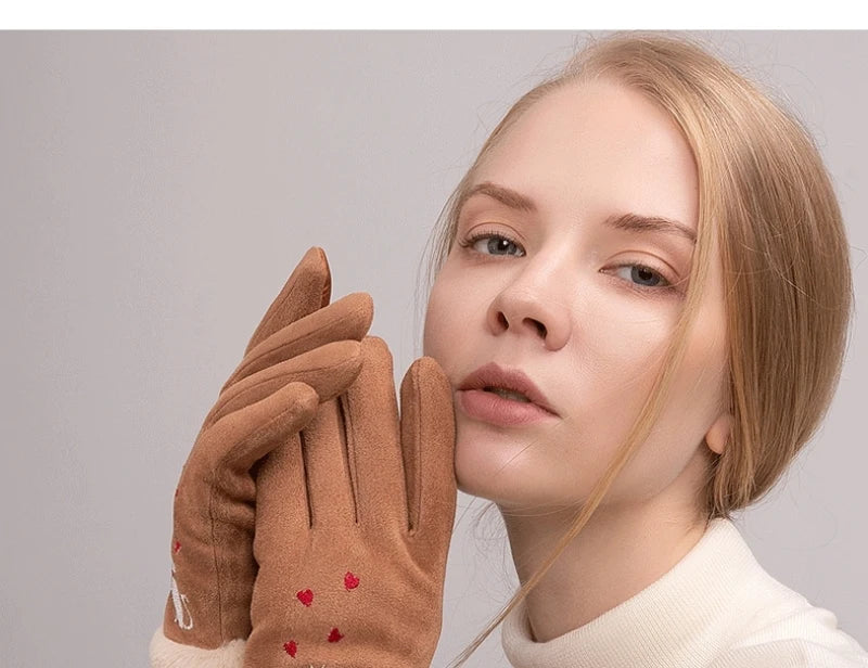 Elegant cat winter women's suede touch screen gloves with cozy soft velvet inside thicken female cats embroidery gloves