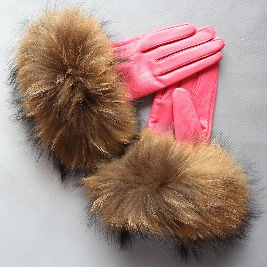 Luxurious genuine leather real raccoon fur women's gloves, big raccoon fur, and sheepskin, ensuring velvet warmth and touch for the winter season for snow cold weather .