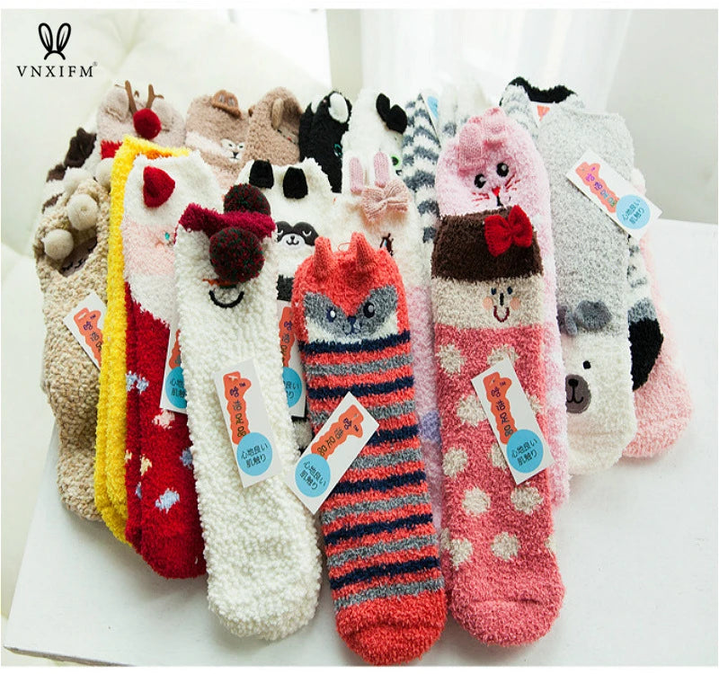 Cute animal Christmas socks with 3d fluffy coral velvet, thick and warm winter gift for women