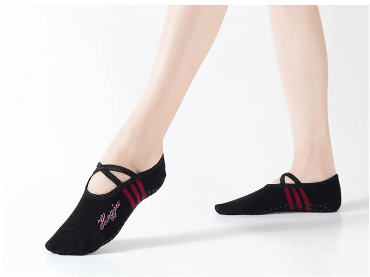 explore our women's non-slip yoga socks with grips & straps that are perfect for ballet, pilates, fitness, gym and bandage dance