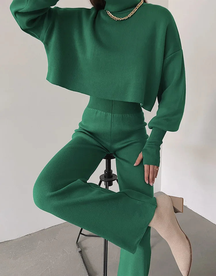 Women's comfortable knitted set with long sleeve top and wide leg pants for a fashionable casual look