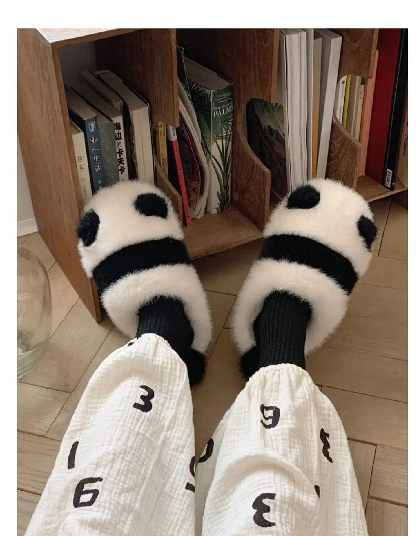 Cozy fluffy indoor Panda Slippers for winter for winter with platform sole women cute design