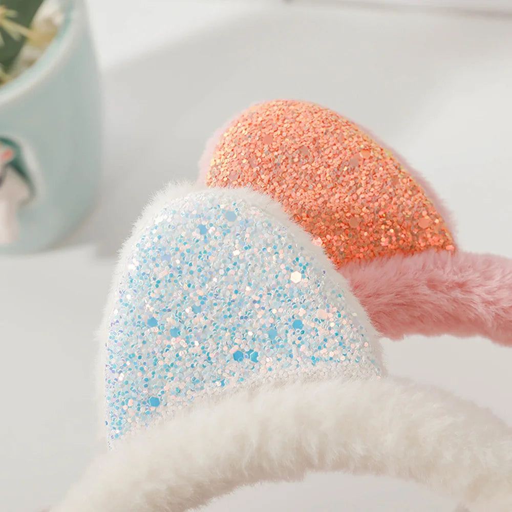 Whimsical winter vibes in 6 adorable colors in cute cat ear plush earmuffs for kids with shiny sequin headband