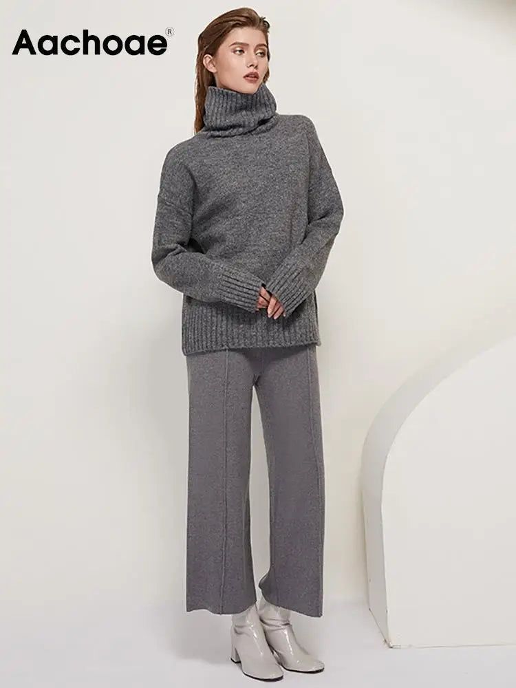 Sophisticated solid knitted two-piece set with turtleneck batwing sweater and casual wide leg pants loungewear set