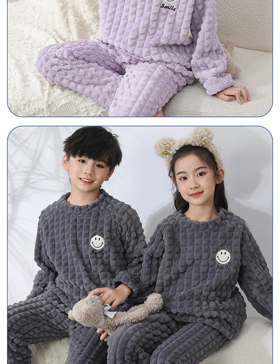 New smiley cartoon winter children pajamas set of warm fluffy thick soft flannel baby boys girls long sleeve warm sleepwear kids home suit