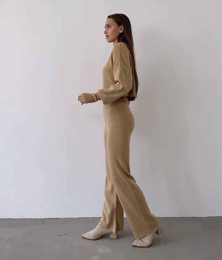 Women's comfortable knitted set with long sleeve top and wide leg pants for a fashionable casual look