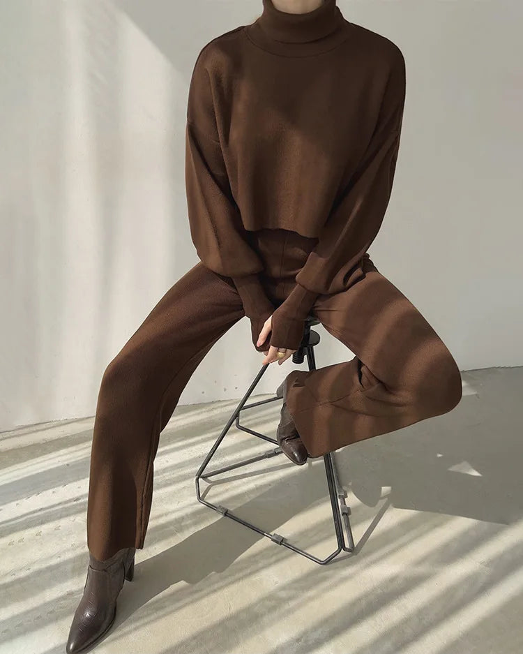 Women's comfortable knitted set with long sleeve top and wide leg pants for a fashionable casual look