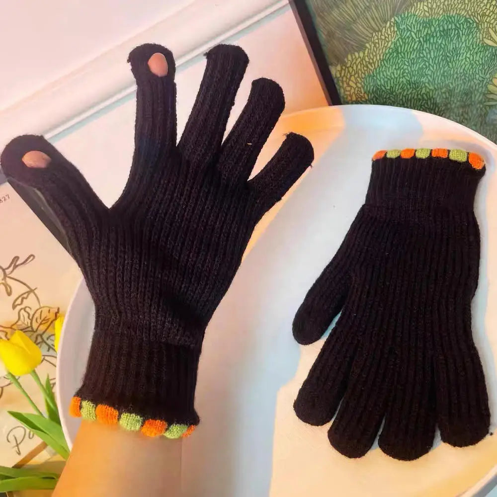 Winter warmth with cat and bird printed thermal knitted cashmere feel gloves - energize your cold days with cozy comfort women or teens girls gloves