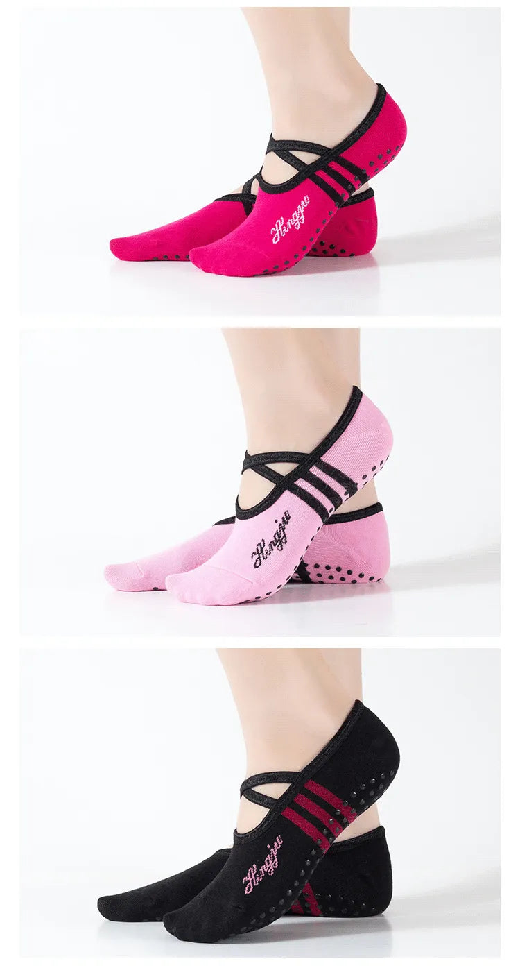 explore our women's non-slip yoga socks with grips & straps that are perfect for ballet, pilates, fitness, gym and bandage dance