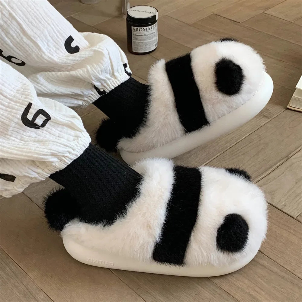 Cozy fluffy indoor Panda Slippers for winter for winter with platform sole women cute design