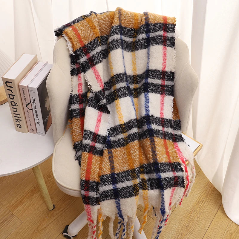 New luxury cashmere plaid scarf for women cozy winter shawl and wrap with long tassels