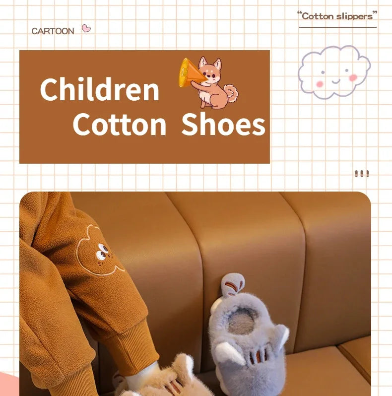 Winter Children's Plush Ankle Slippers - Warm Cotton Shoes for Boys & Girls