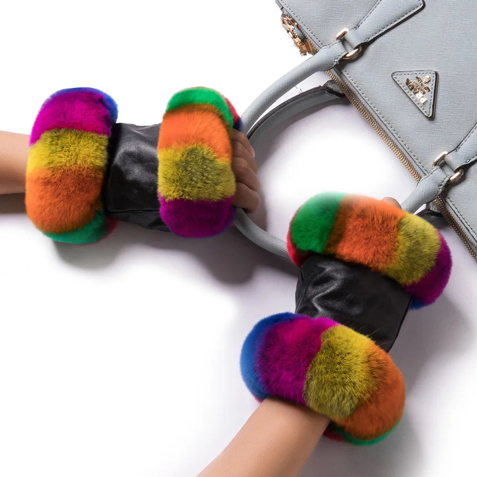 chic winter elegance: women's genuine leather rex rabbit fur fingerless driving gloves - plaid sheepskin mittens