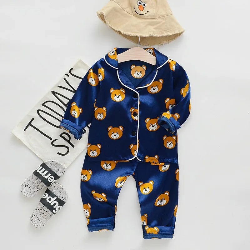 Toddler baby kids silk satin pajamas pyjamas set sleepwear suit boys girls sleep two piece set autumn kids loungewear