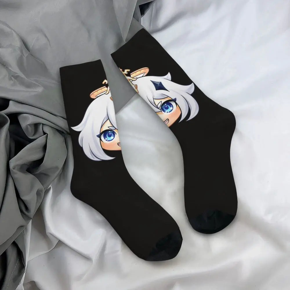 Chibi paimon Genshin anime impact unisex happy Socks from cotton blend for A Year-Round Delight for Fans