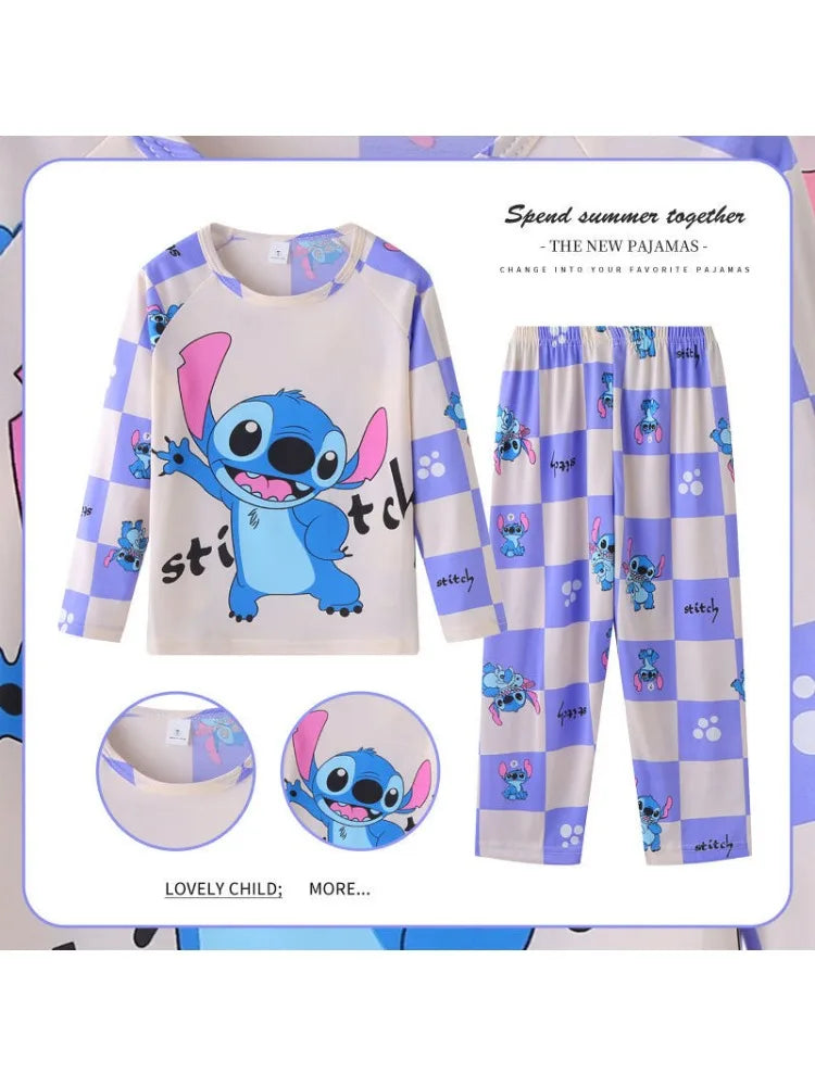 New Disney Stitch pajamas cotton children pyjamas for boys and girls set, Kids home wear, travel casual sleepwear suit.