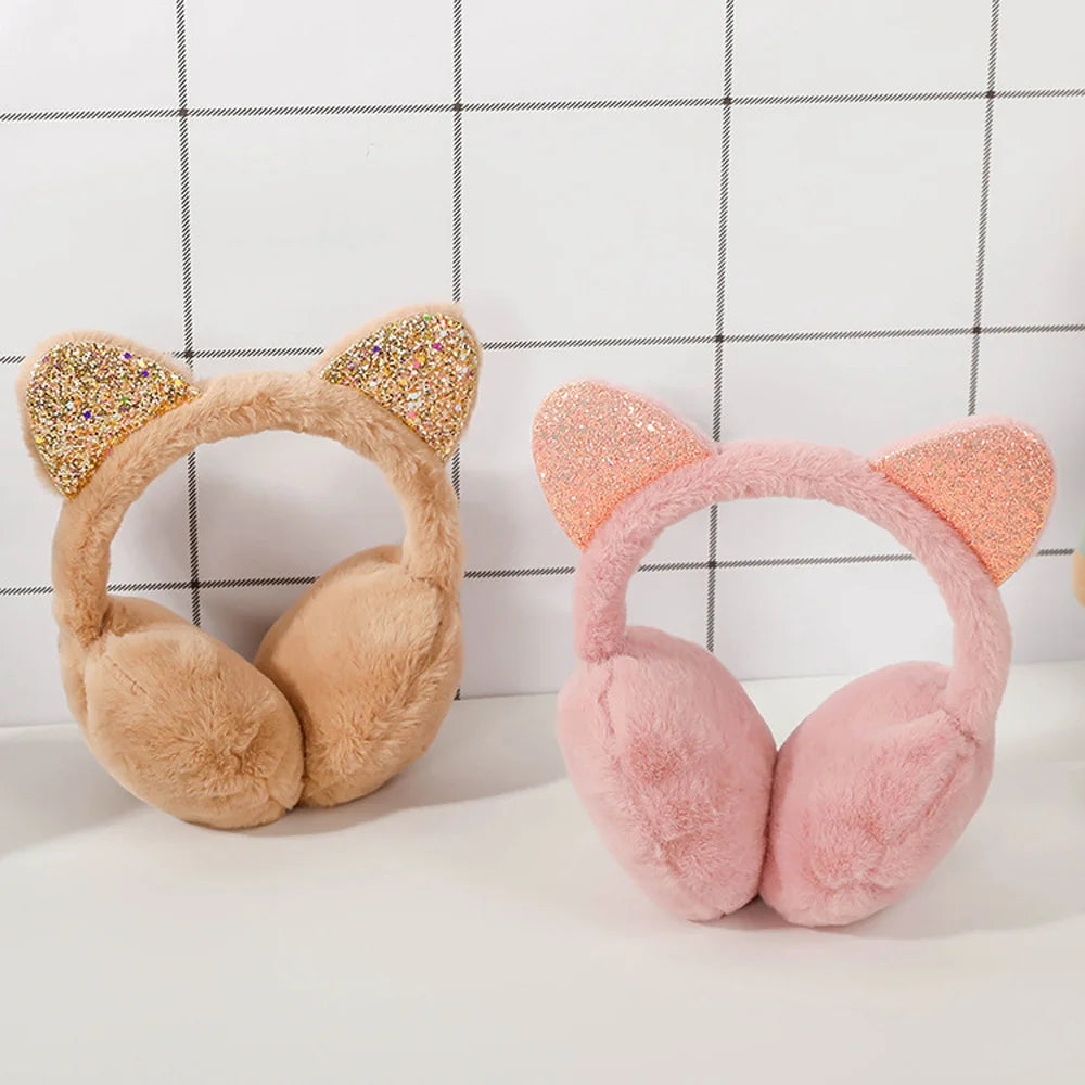 Whimsical winter vibes in 6 adorable colors in cute cat ear plush earmuffs for kids with shiny sequin headband