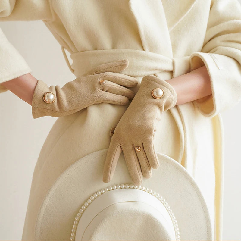 Women winter warm clamshell touch screen pearl gloves fashion elegant retro luxury fleece soft drive gloves