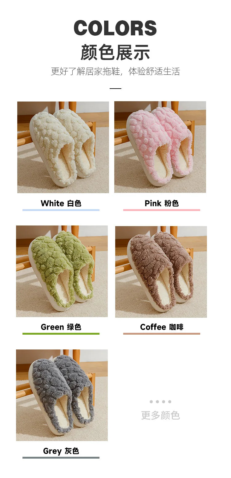 New plush slippers for couples warm home elegance for couples, featuring thickened anti-slip bottoms, baotou design, and luxurious cotton comfort