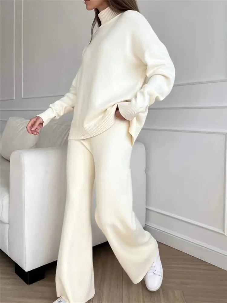 Winter women's warm cozy knitted loungewear indoors tracksuit turtleneck sweater and straight jogging pants set casual two-piece set