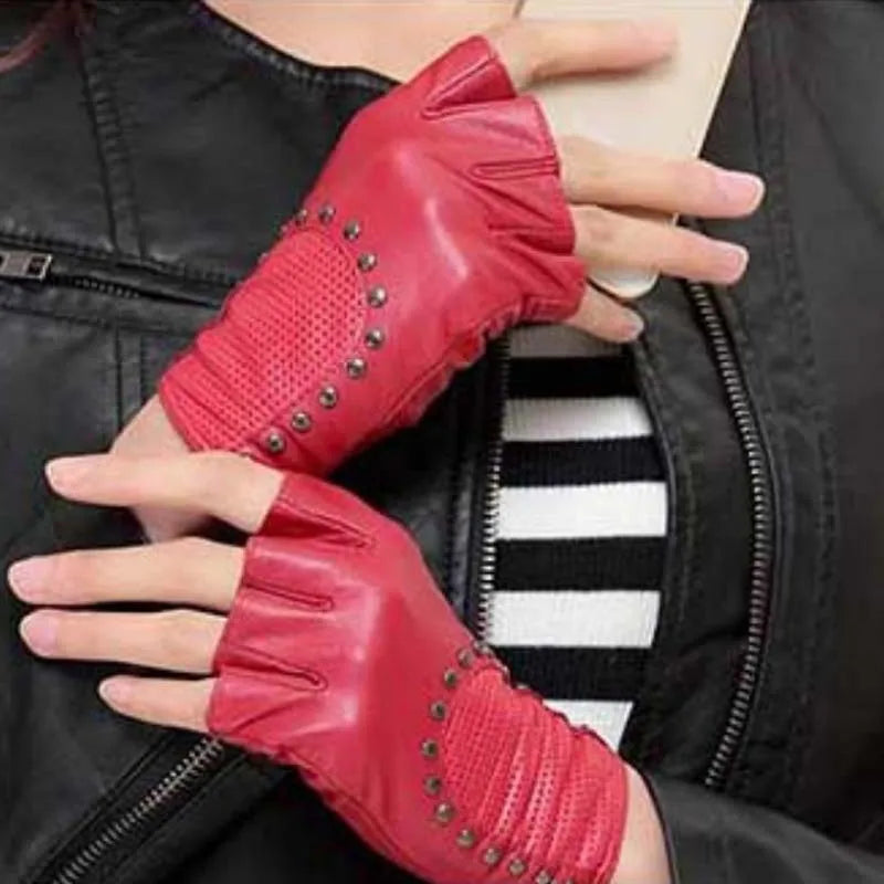 Chic stylish half finger leather motor driving gloves - breathable genuine leather gloves for even sports anti-slip