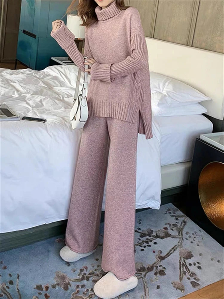 New knitted tracksuit - turtleneck sweater and wide leg jogging pant pullover set for autumn winter