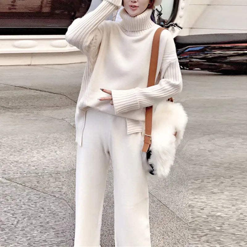 New knitted tracksuit - turtleneck sweater and wide leg jogging pant pullover set for autumn winter