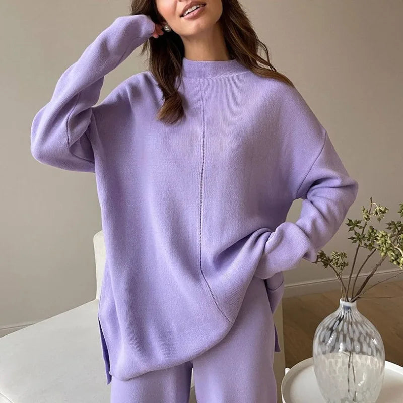 Knitted 2 piece turtleneck sweater wide leg pants sleepwear set women loungewear indoors cozy outfit