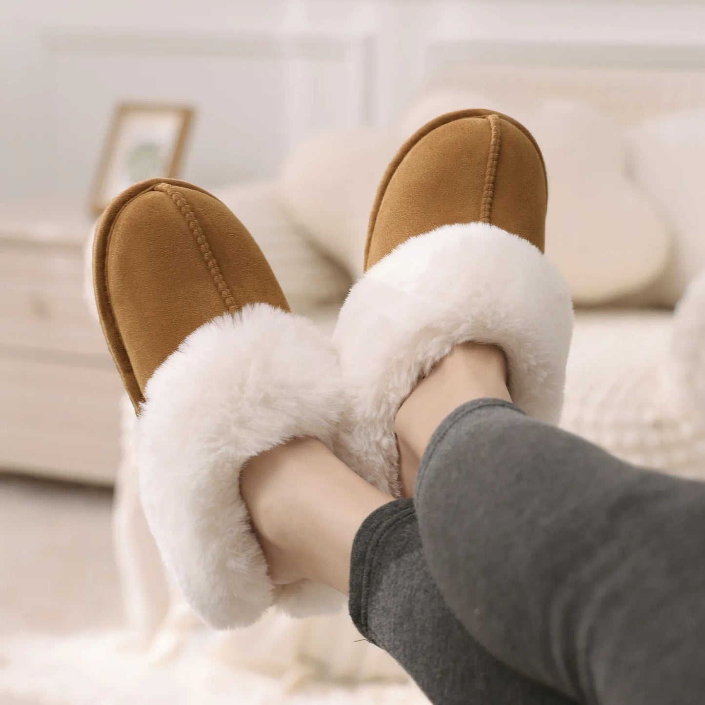 Suede Fur Slides warm winter slipers Luxury Comfort for Women brown grey beige black colours available great gift!