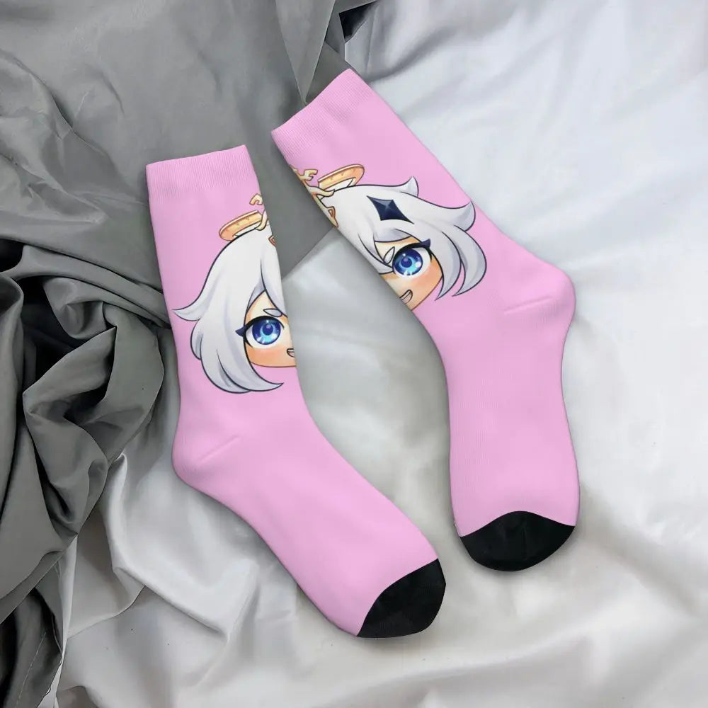 Chibi paimon Genshin anime impact unisex happy Socks from cotton blend for A Year-Round Delight for Fans