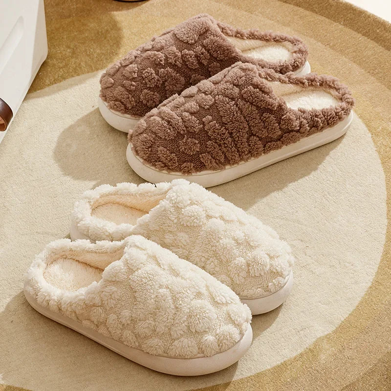 New plush slippers for couples warm home elegance for couples, featuring thickened anti-slip bottoms, baotou design, and luxurious cotton comfort