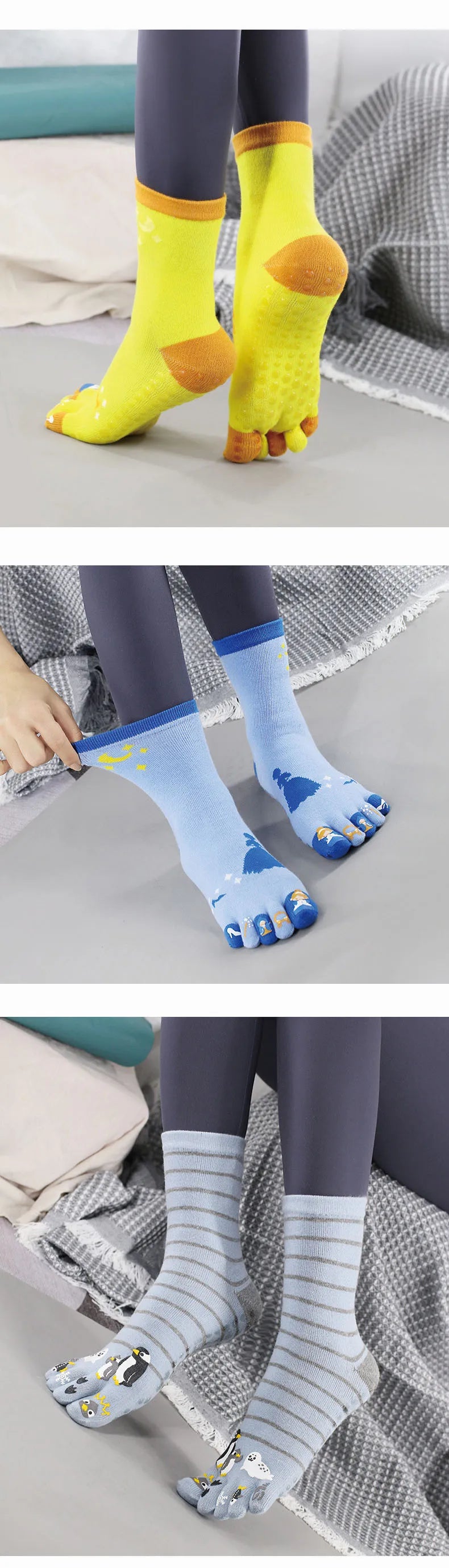 Full toe yoga cozy bliss from korean cotton, funny funky trendy cartoon design, silicone non-slip grip, pilates crew five toes socks