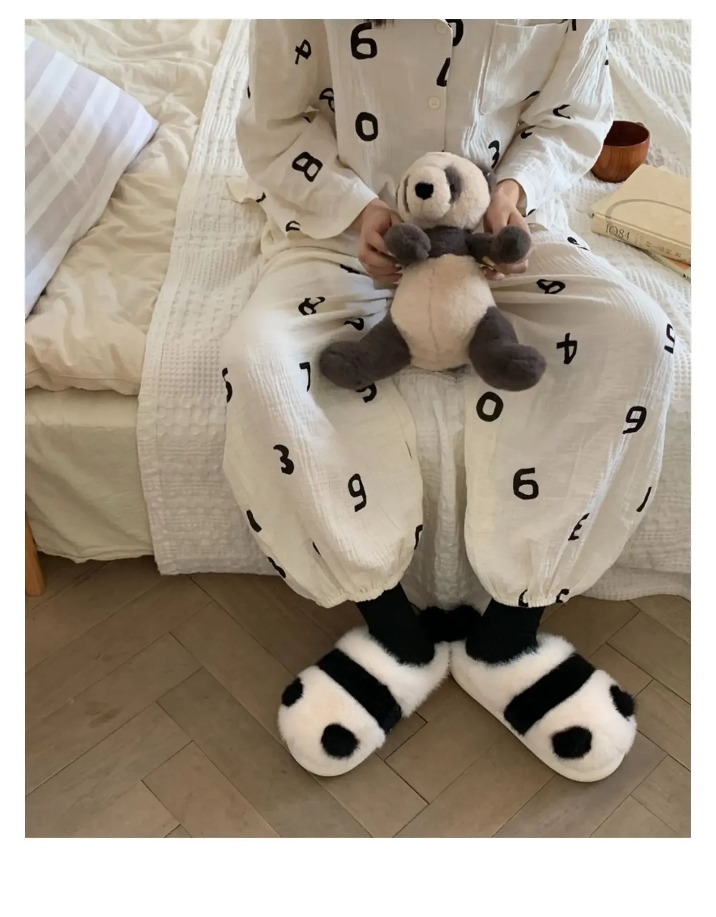 Cozy fluffy indoor Panda Slippers for winter for winter with platform sole women cute design