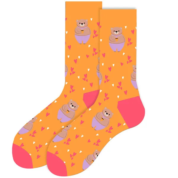 Women's or girl's middle tube cotton socks with animal and plant patterns, a colorful collection