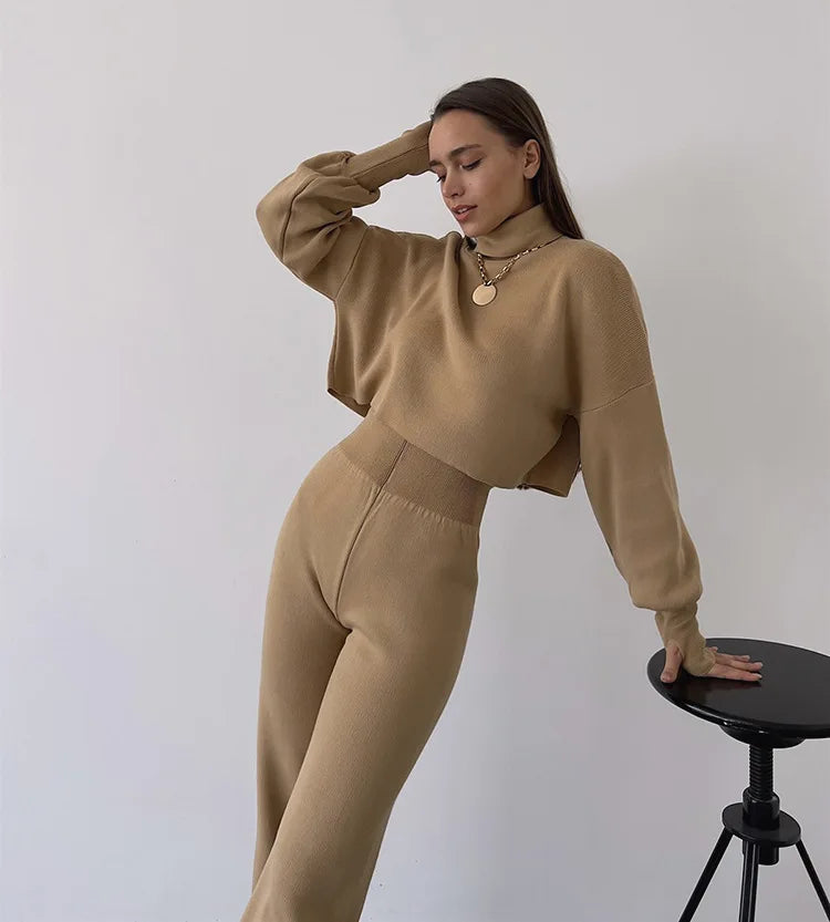 Women's comfortable knitted set with long sleeve top and wide leg pants for a fashionable casual look